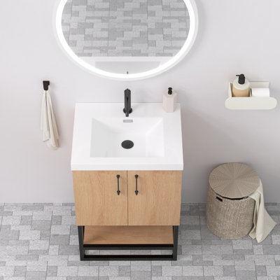 Meuble-lavabo simple autoportant 24 po avec comptoir en résine et cadre en métal noir