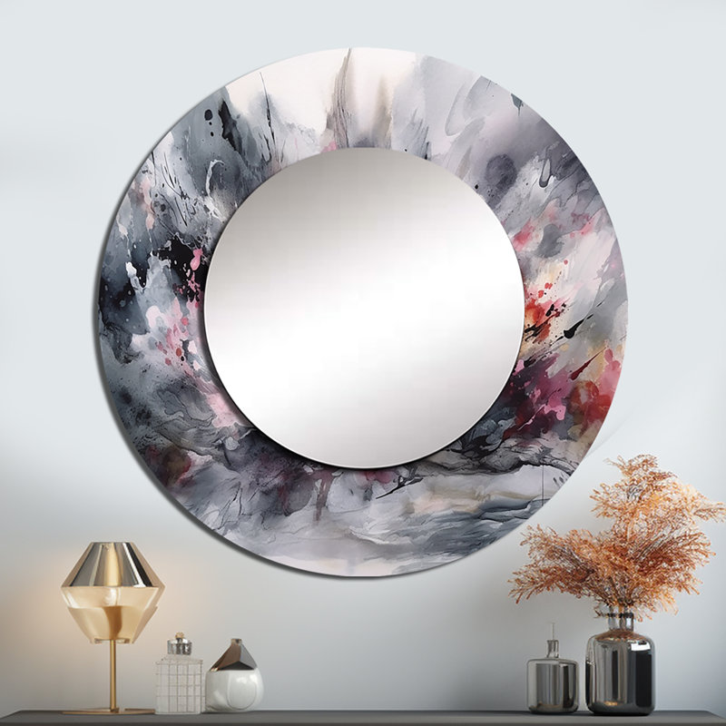 Stefoni Evolving In Pink Grey Ink II - grand miroir mural géométrique, miroir rond moderne unique, impression d'art en métal