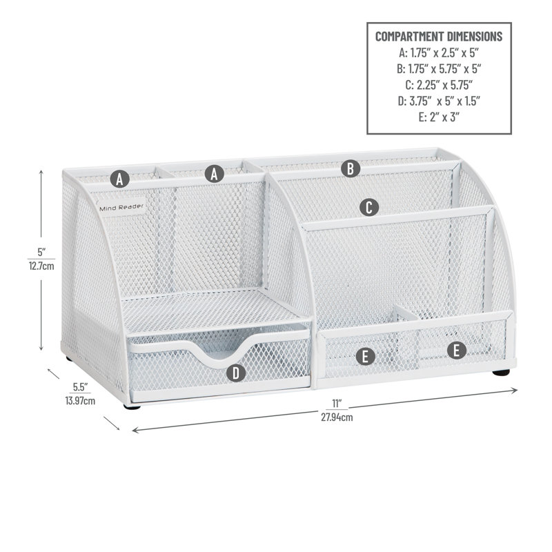 Mind Reader Desktop Organizer, File Storage, Accessory Storage, Workspace, Office, Metal Mesh, 11"L x 5.5"W x 5.25"H, White