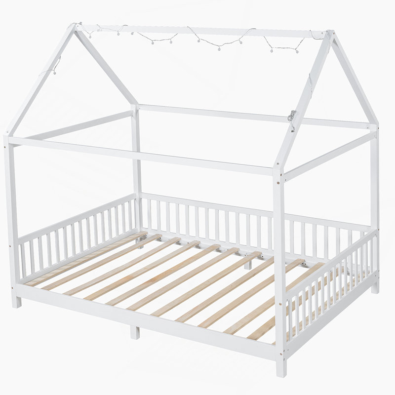 Lit double en bois avec garde-corps et DEL, bois, blanc, Double