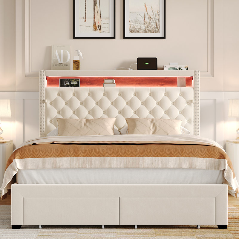 Storage LED Headboard with Charging Station Bed Frame, Queen, Gray