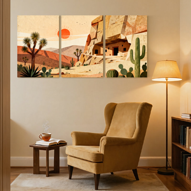 «Landscape & Nature Desert Landscape with Cacti and Rock Formations», ensemble de 3 impressions d'art sur toile