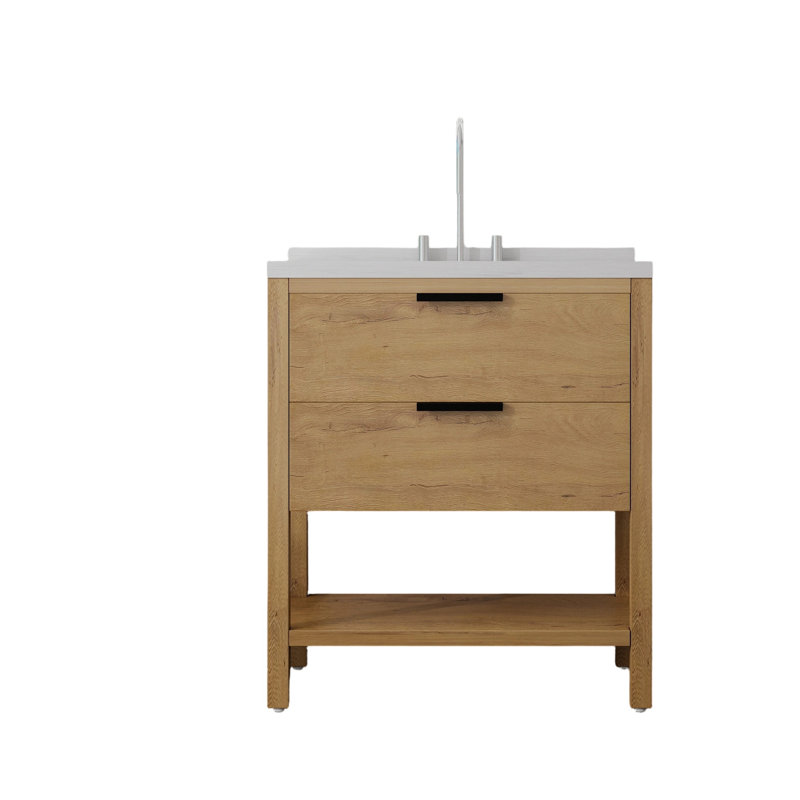 Meuble-lavabo sur pied de 91 cm (36 po) avec lavabo, tiroir à fermeture amortie, plateau en marbre reconstitué blanc de Carrare et finition chêne.