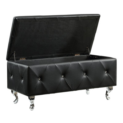 Tufted Bonded Leather Storage Bench with Crystal Decor, Upholstered Bedroom Bench Ottoman with Hidden Storage for Entryway Bed End Living Room