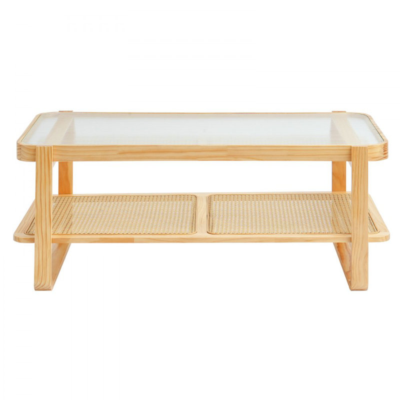 Rattan Coffee Table, Rectangle Rattan Woven Wood Mid Century Coffee Table with Tempered Glass Top, 45-Inch Modern Boho Storage Coffee Table with Natural Wood Legs, for Living Room, Bedroom & Small Spaces