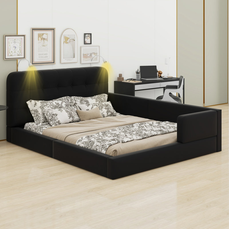 Lit plateforme tapissier avec 2 lampes de lecture, Noir