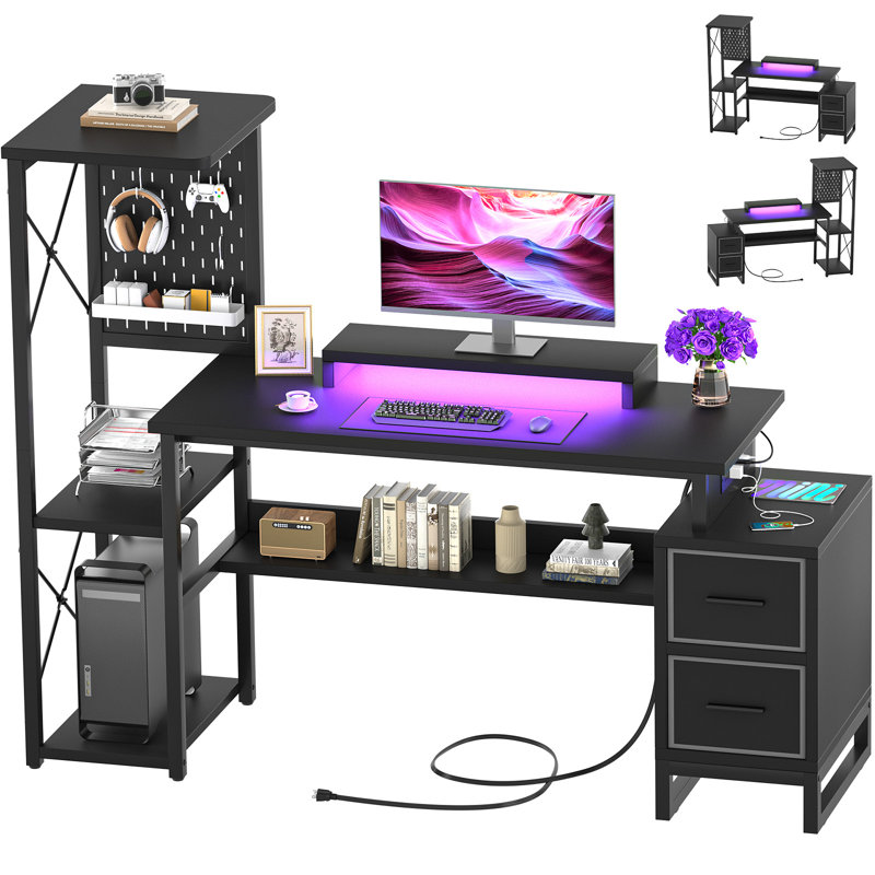 Reversible L Shaped Desk with Power Outlets and Fabric Drawers, Black