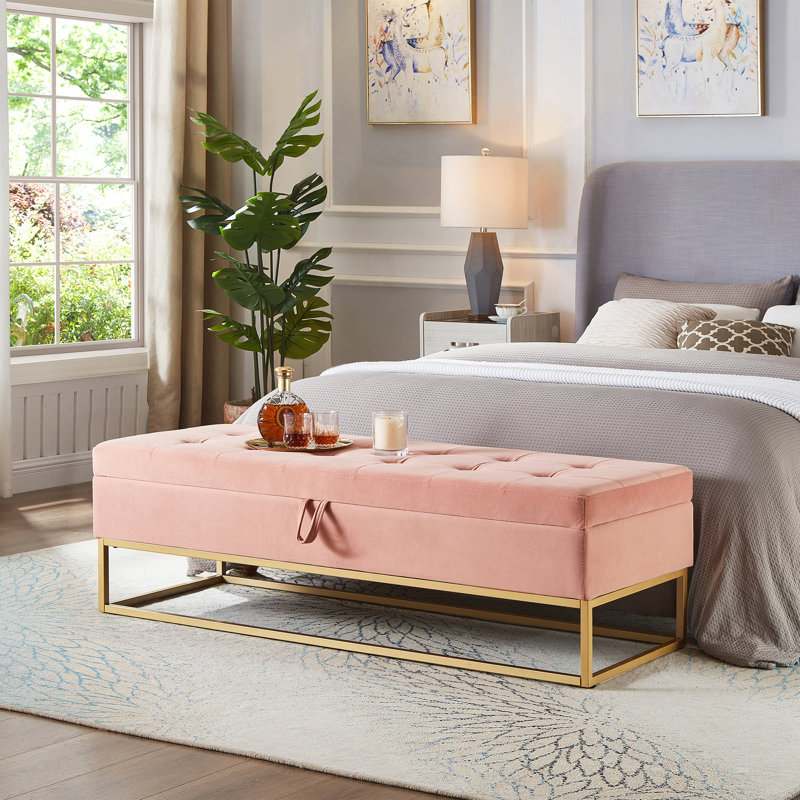 Banc de rangement rembourré en velours Margarete, Rose