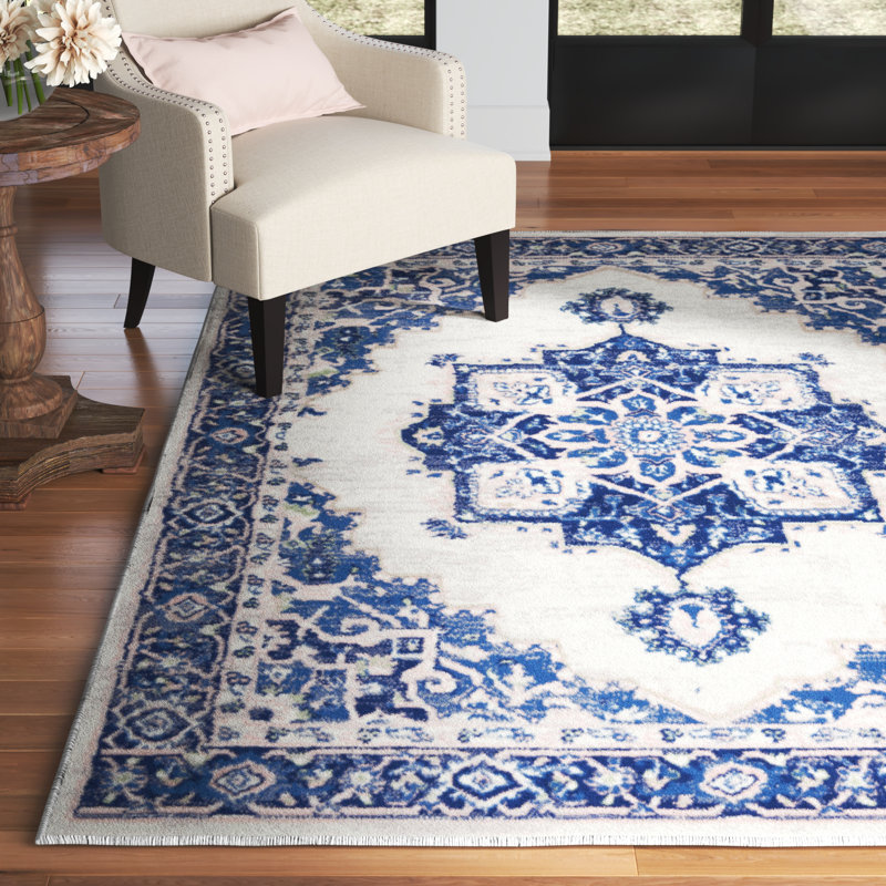 Tapis oriental ivoire / bleu Melyna, Rectangle 8 pi x 10 pi