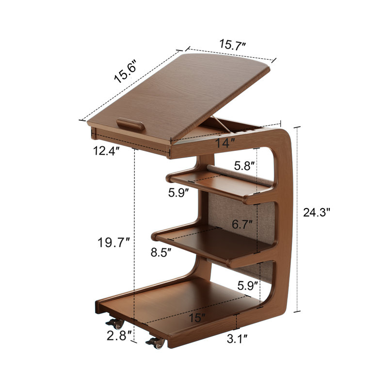 Flip Top C Table with Storage, Mobile Solid Wood End Table with Wheels, Multipurpose Side Table for Home Office, Brown
