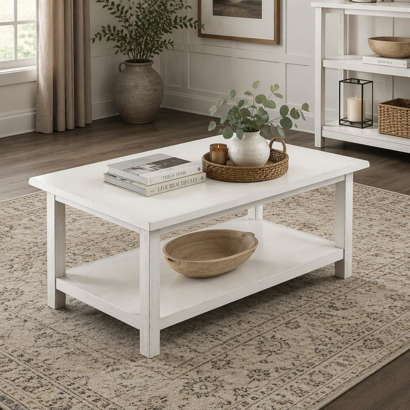 Table basse rustique avec fini blanc vieilli et tablette inférieure, Blanc antique