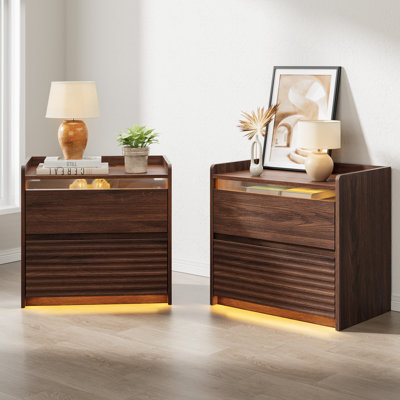 Wooden Ribbed Drawer Nightstand with LED Light & Charging Station, Modern Bedside End Table