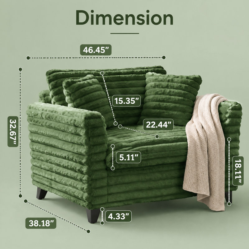 Fauteuil d'appoint en velours côtelé de 47 pouces avec coussins et pieds en bois massif, Velours côtelé vert