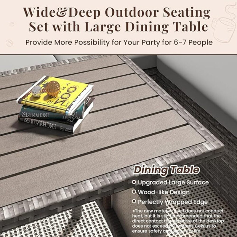 7 Pcs Outdoor Sectional Sofa Conversation Set With Cover, Gray Cushion/Gray Frame