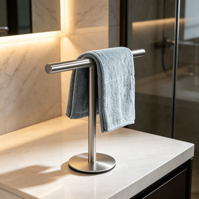 Porte-serviettes de bain pour comptoir de bain, porte-serviettes en forme de T avec base large, finition en acier inoxydable brossé SUS304, arbre à serviettes décoratif pour meuble-lavabo de salle de bain et de cuisine