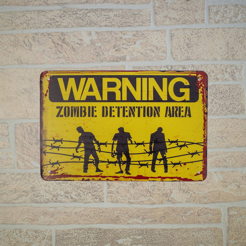 Warning Zombie Detention Area Tin Wall Sign Halloween Garage Man Cave Home Decor
