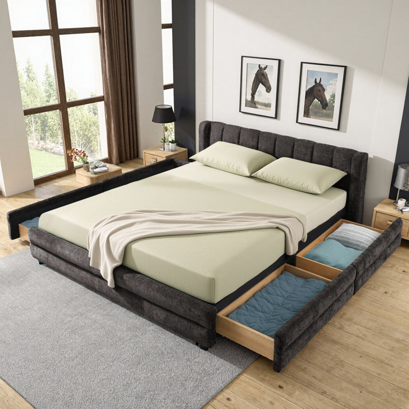 Structure de lit tapissier pour grand lit avec tiroirs - tissu chenille épais, structure unie, gris foncé moderne (l 86 po x P 68,5 po x H 67 po)