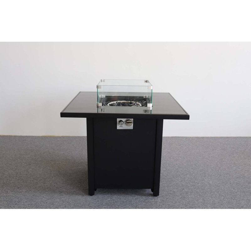 Powdercoated Metal Fire Pit With Smoked Glass Top, Black