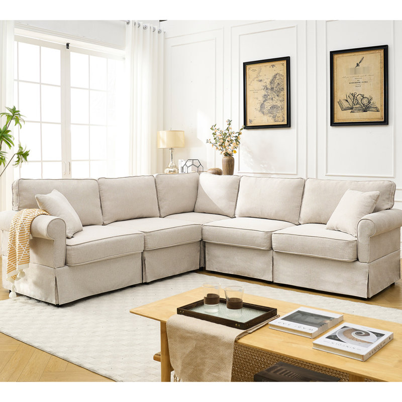 Canapé modulaire beige, canapé modulaire à 5 places avec accoudoirs roulés, revêtement en tissu de lin doux et construction solide en forme de L, coussins mi-moelleux rembourrés