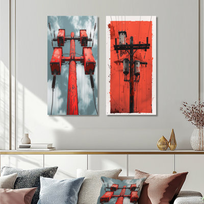Red Black Urban Electric Power Lines I - Power Lines Wall Art 2 Pieces Set