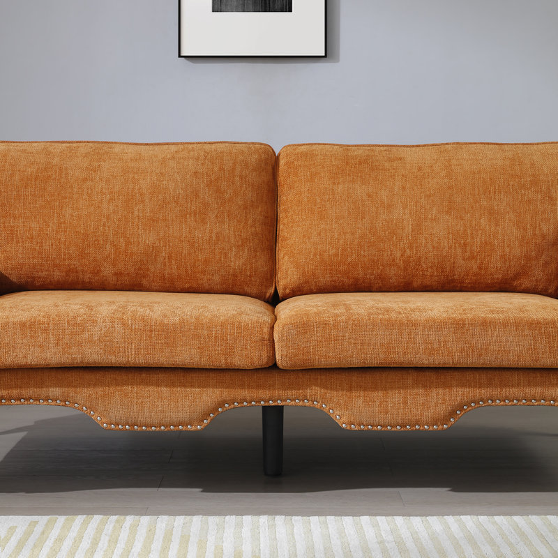Velvet Sofa with Wooden Legs & Crystal button and Copper Nail, Tufted Backrest, Orange Linen, 35" H x 80" W x 34" D, 3