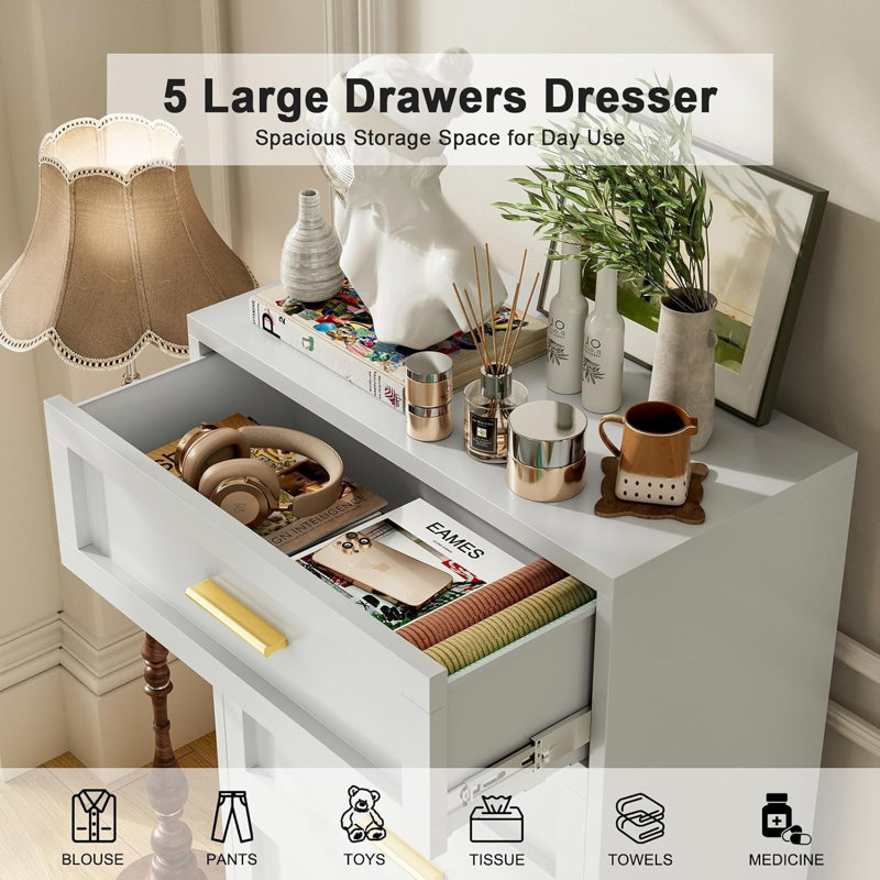 White chest of five drawers, White