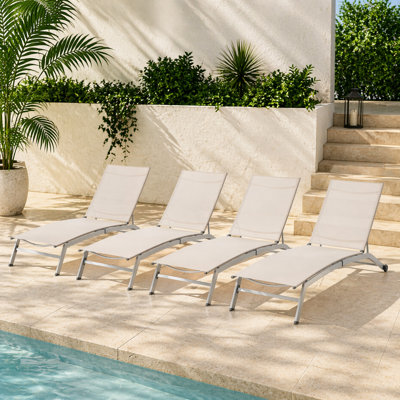 Cand 77.5" Long Metal Reclining Armless Single Chaise Lounge with PVC-coated polyester Sling Seat and Wheels