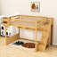 Lit mezzanine en bois avec tablettes de rangement et espace sous le lit-657029881
