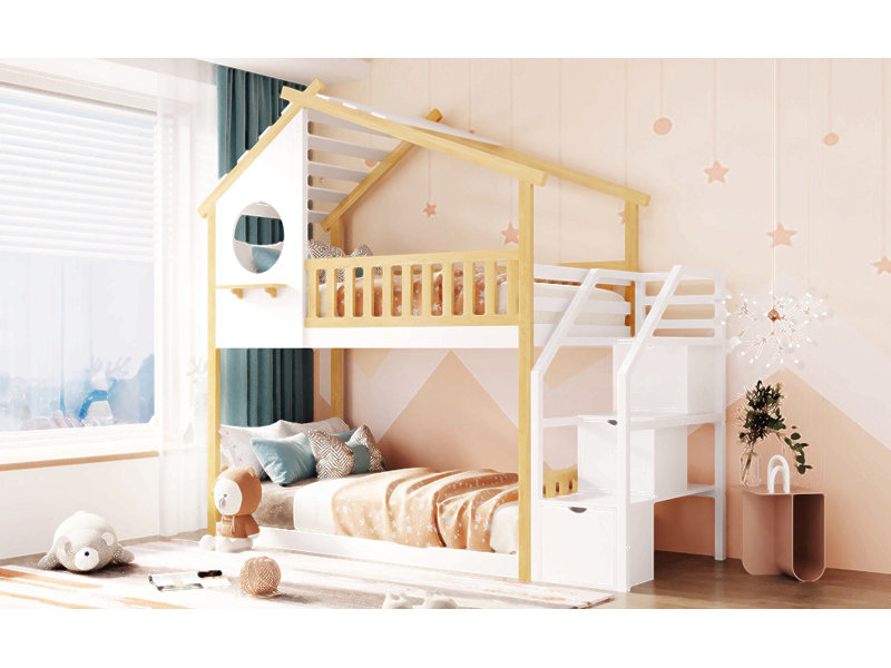 Lit superposé simple au-dessus de simple, lit maison, rangement et barrière de sécurité, lit naturel et escalier blanc Stairway (ancien numéro de référence: Lt000308aak)