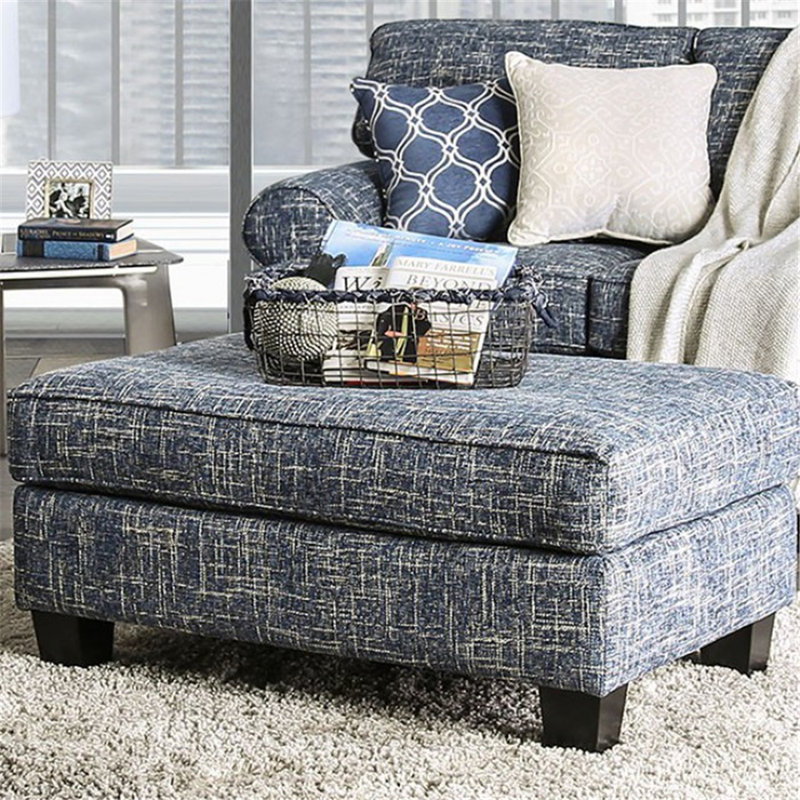 Repose-pieds rembourré Anddy, Polyester bleu tissé en toile de jute