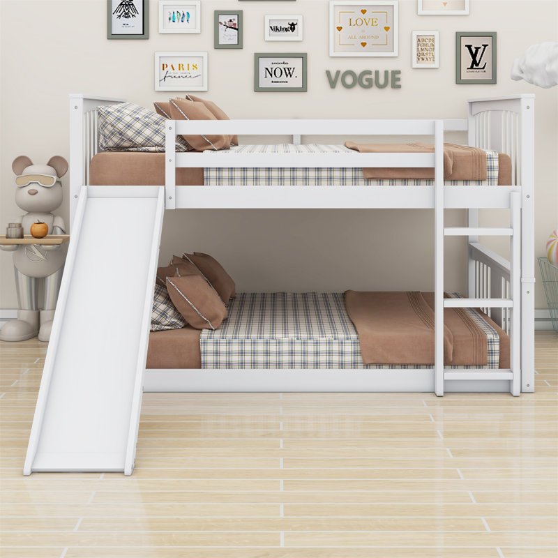 Karmello Bunk Bed With Ladder And Slide, White, Twin over Twin