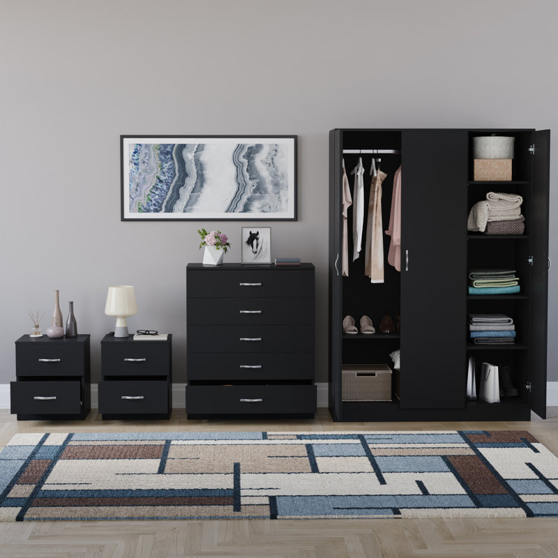 Tayce 4 Piece Bedroom Set (2 Drawer Bedside Chest X2, 5 Drawer Chest, 3 Door Wardrobe), Black