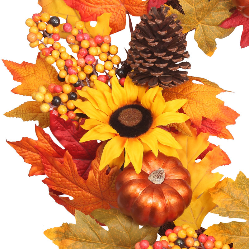 24 Inch Fall Sunflower Wreath with Pumpkins and Pinecones