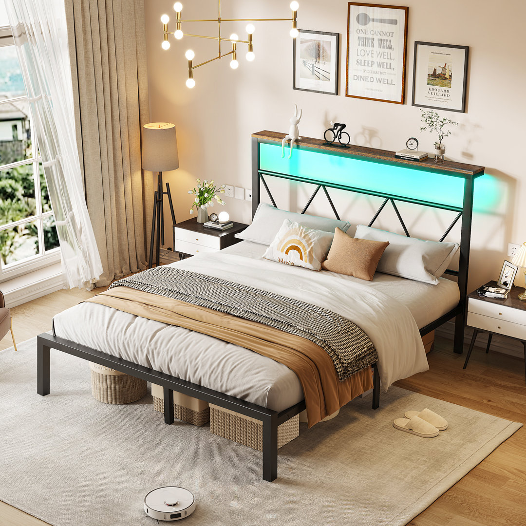 Metal Bed Frame With Headboard, Led Lights Platform Bed Frame With Storage Shelf, Heavy Duty Metal Foundation, No Box Spring Needed, Vintage Modern Style Wrought Studio™ 