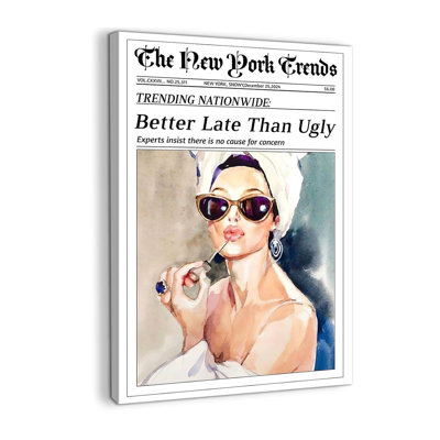 Better Late Than Ugly Wall Art Canvas Wraped Framed, Funky Newspaper New York Trends Trendy Wall Art For Girly Room Decor Ready To Hang 12''X18''