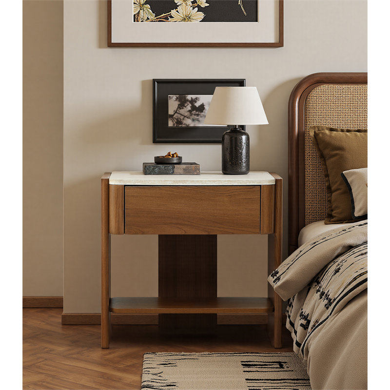Table de bout moderne Mid-Century avec plateau en faux travertin, tiroir et table de chevet à tablette ouverte