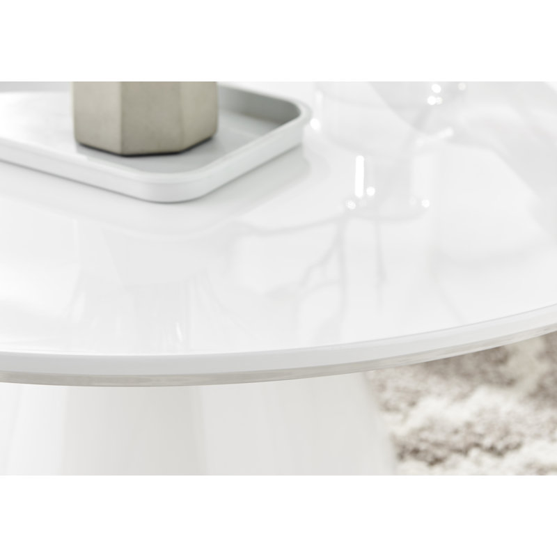 Palm Luxury Pedestal Round Coffee Table, White Gloss Top/White Base