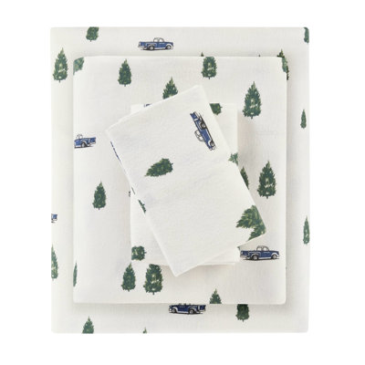 Trees & Trucks 3 Pcs Twin Sheet 100% Cotton Flannel Machine Washable - Twin/Full Fitted For 12" Mattress Queen/King/ King 14" Depth Has 1 Flat 2 Pillowcases Soft To Sleep With Design Brushed On Both