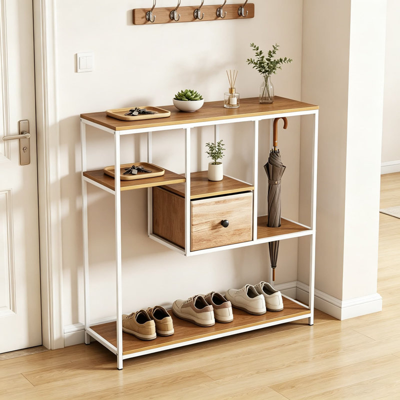 Console étroite avec tiroir et étagères ouvertes, table d'appoint moderne pour entrée ou salon, structure en métal, coloris naturel et blanc.