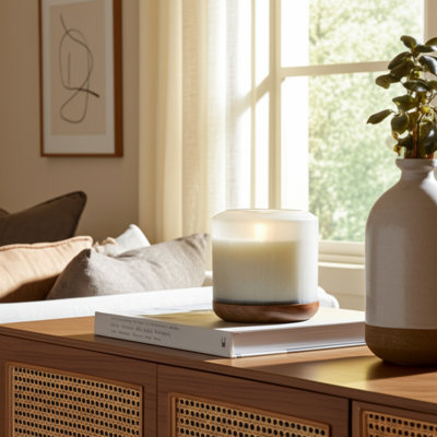 Bougie décorative en verre et en cire avec base texturée en bois pour la maison, le bureau, la chambre à coucher ou le salon - blanc