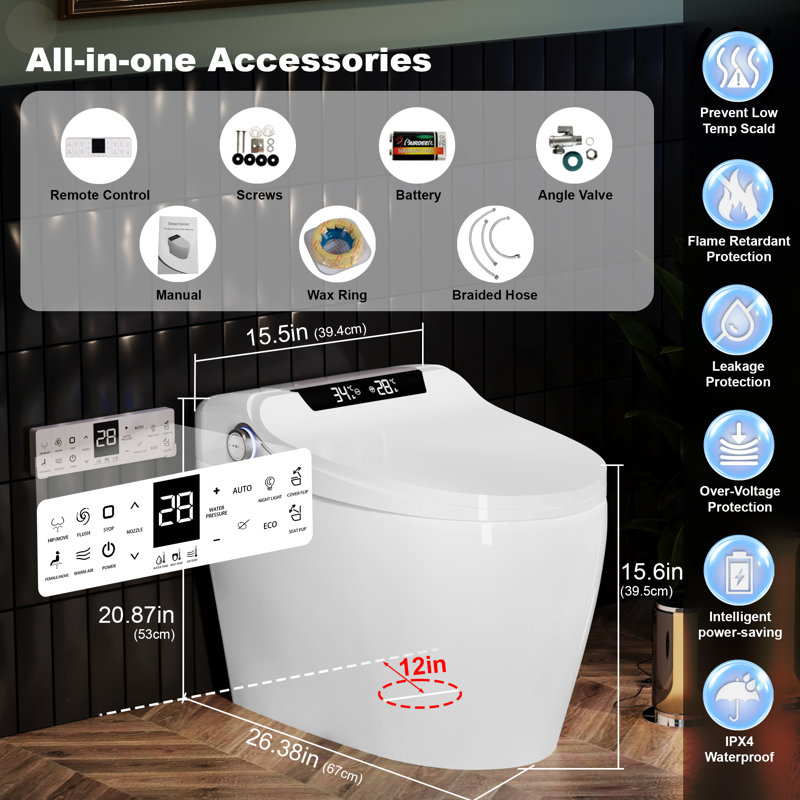 Toilette de luxe intelligente à bidet allongée avec siège chauffant, séchoir à air, chasse sans contact, couvercle à fermeture en douceur, veilleuse douce et télécommande