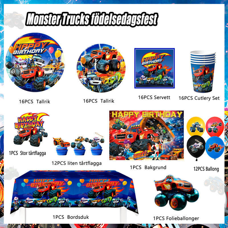 Monster Trucks Birthday Decoration Set,92pcs Monster Truck Party Supplies