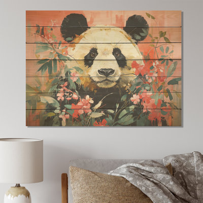 Panda blanc et rose en fleurs IV - animal panda sur bois