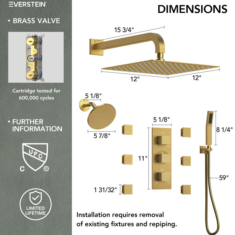 Thermostatic Dual Showerheads System, Wall Mount 12" High-Pressure Rainfall Shower Faucet with Handheld Spray and Body Jet