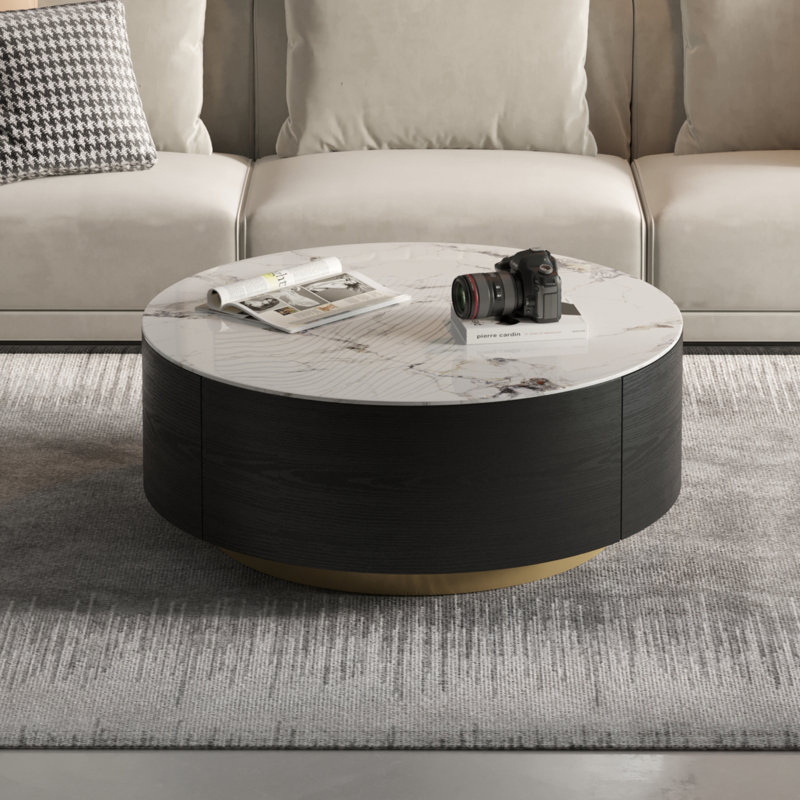 Table basse ronde avec rangement Jahnea, 2 tiroirs, Blanc Dali, Noir