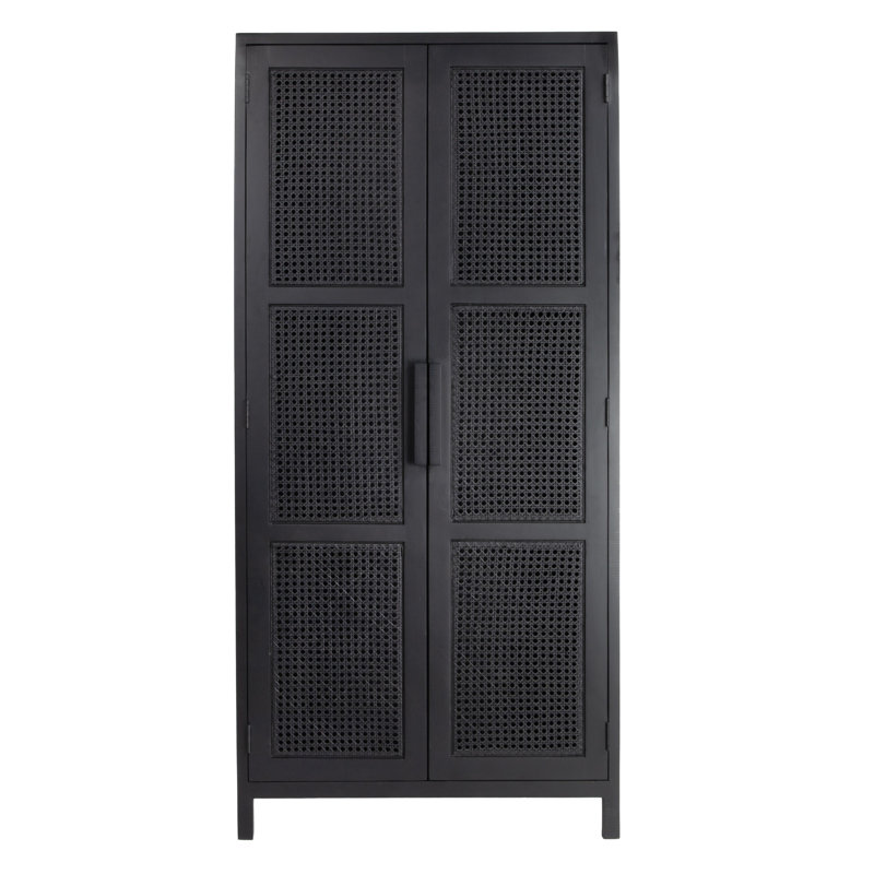 Rowan Mango Wood and Cane Cabinet with 3 Shelves and 2 Doors, Black