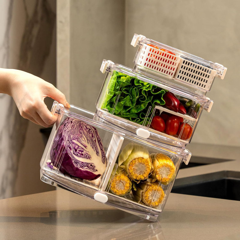 Économiseur de fruits et légumes frais pour réfrigérateur + évent, panier de lavage de fruits et légumes tout-en-un avec drain, plateau-passoire passoire, bac de réfrigérateur de cuisine pour salade de légumes aux baies, cadeaux