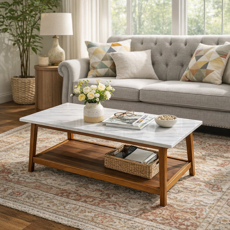 Table basse moderne en bois avec plateau effet marbre Bayamo