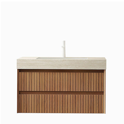 Meuble-lavabo de salle de bain 36 po TILLEY, armoire de rangement flottante rayée en contreplaqué avec 2 tiroirs, plateau en pierre frittée à motif de travertin avec vasque encastrée en céramique, pré-assemblé, couleur grain de bois chêne brun