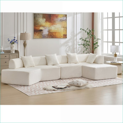 Canapés modulaires | Canapé modulaire moderne en L de 140 po à 4 places pour salon | Blanc neige | Blanc | Polyester